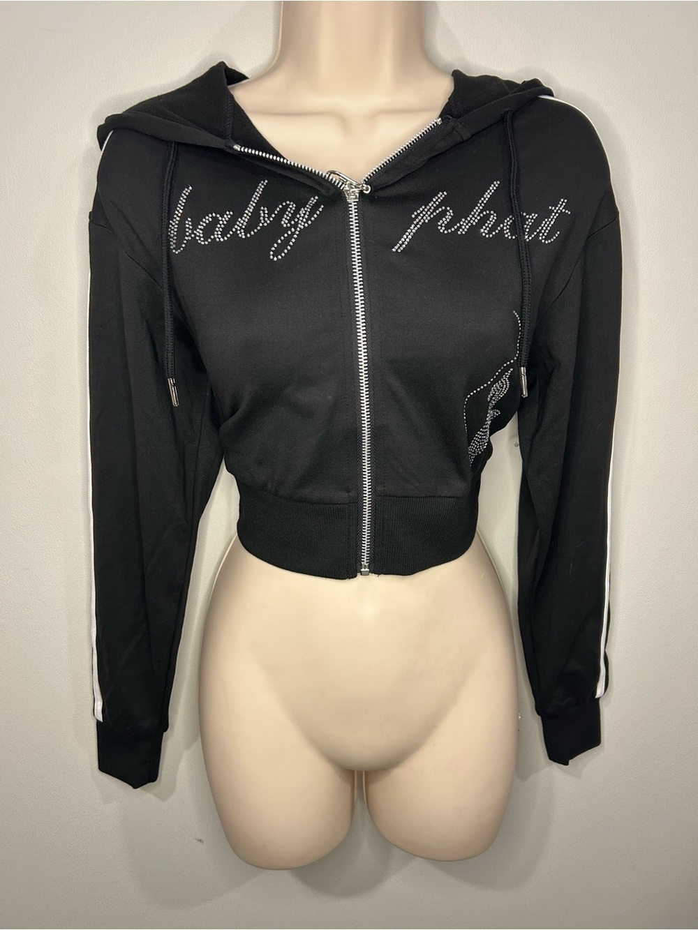 Baby Phat Black Rhinestone Zip-Up V-Neck Hoodie Sweater